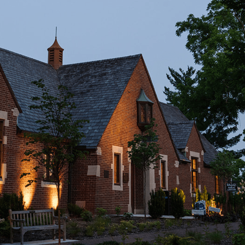 Exterior of Wright Library at dusk