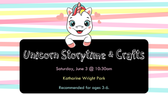 cartoon unicorn peeks over a sign for unicorn storytime & crafts