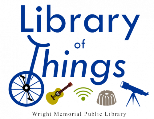 a unicycle, guitar, wifi symbol, bundt cake, and telescope line the title "Library of Things"