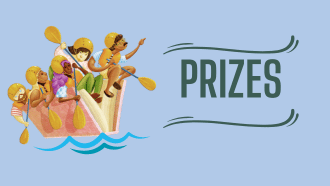 adventurous cartoon adults packed into a canoe, with text "Prizes"