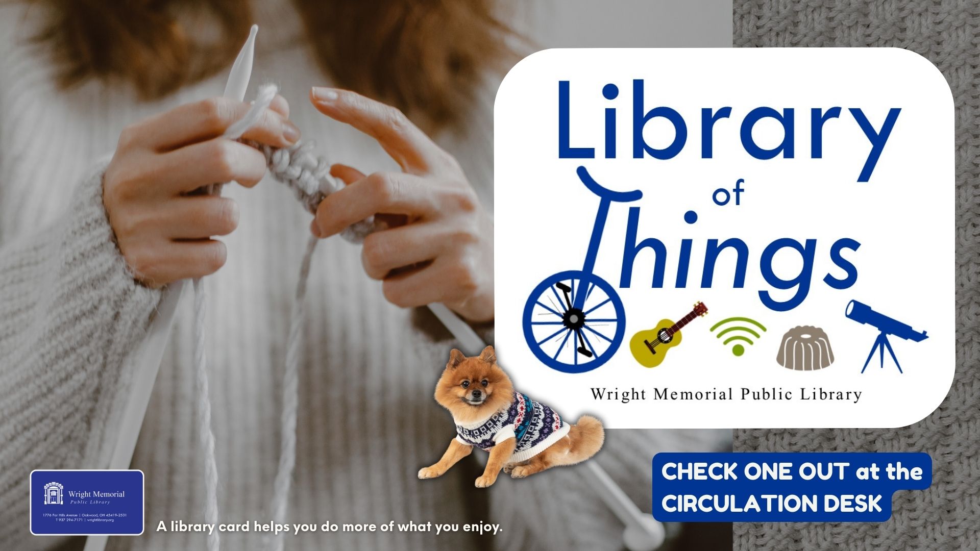 Person knitting next to "Library of Things" logo