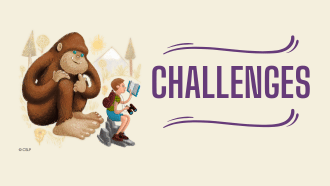 a young camper reads with a cartoon gorilla on a mountain trail, with text "Challenges"