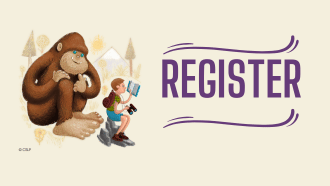 a young camper reads with a cartoon gorilla on a mountain trail, with text "Register"