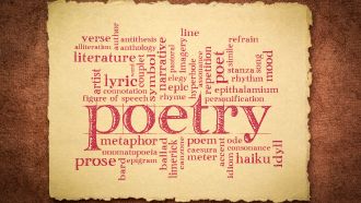 Paper with the word "poetry" and the words of many types of poetry.