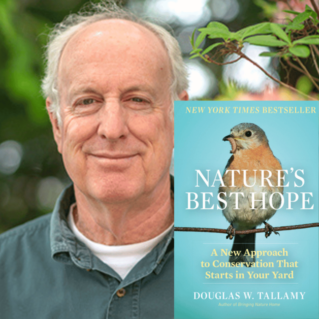 Author Doug Tallamy with his book "Nature's Best Hope." A bird is on the cover.