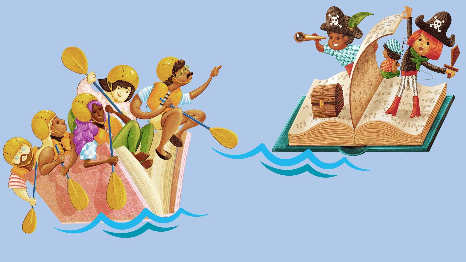 cartoon adults paddle a book and cartoon children sail on a book pirate ship