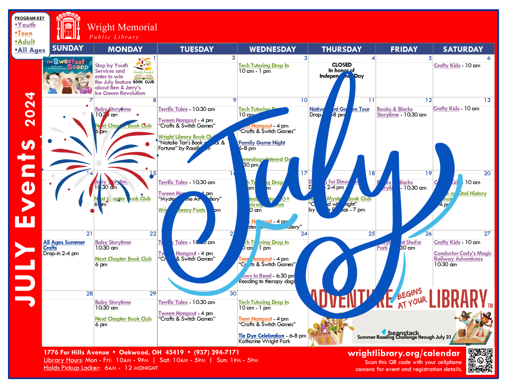July calendar for Wright Public Library. Click links for more information.