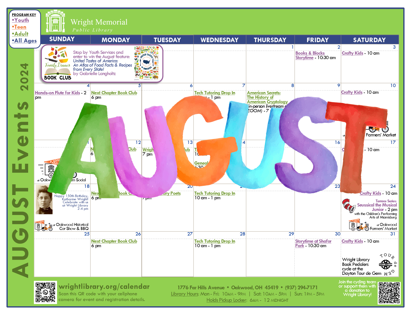 August calendar for Wright Public Library. Click links for more information.