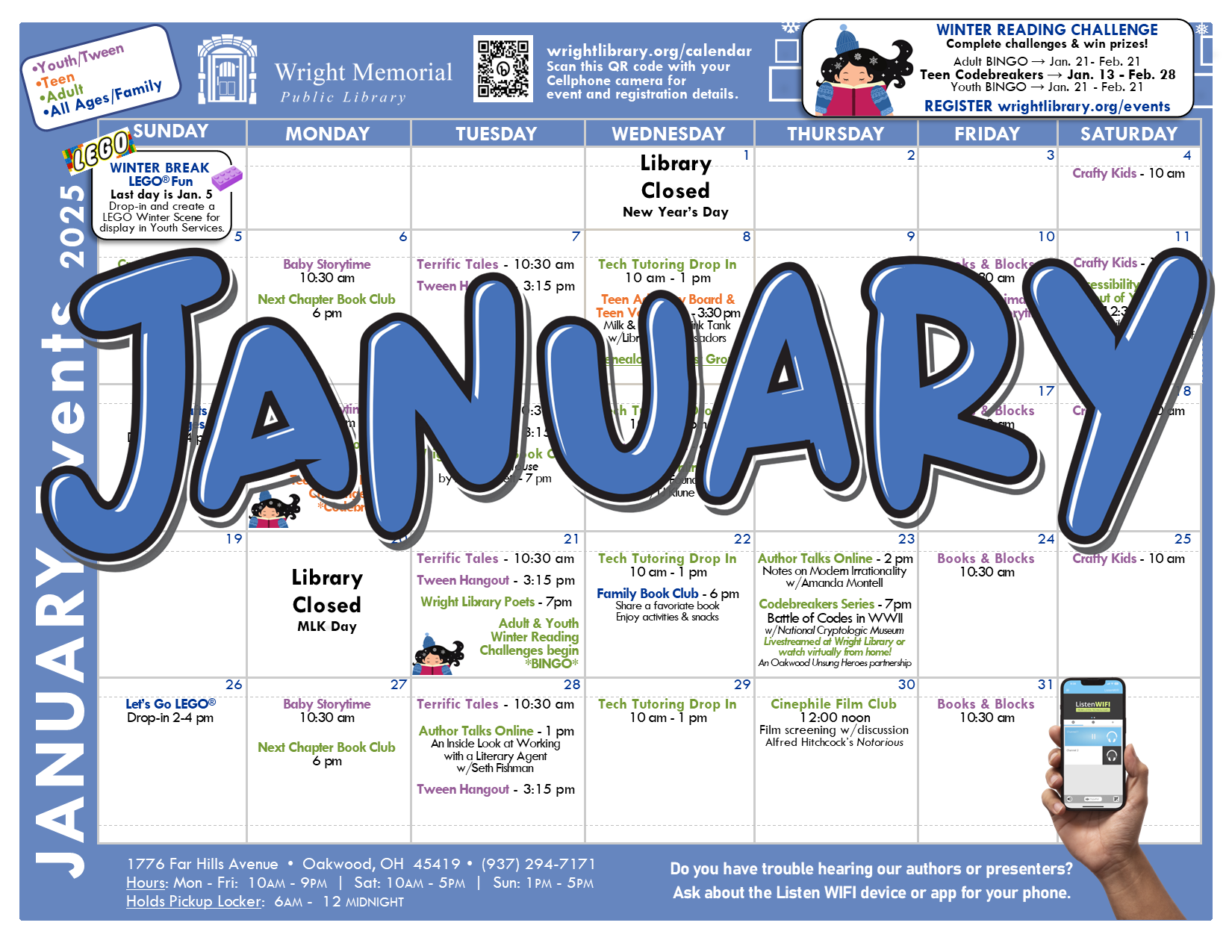 January calendar for Wright Public Library.