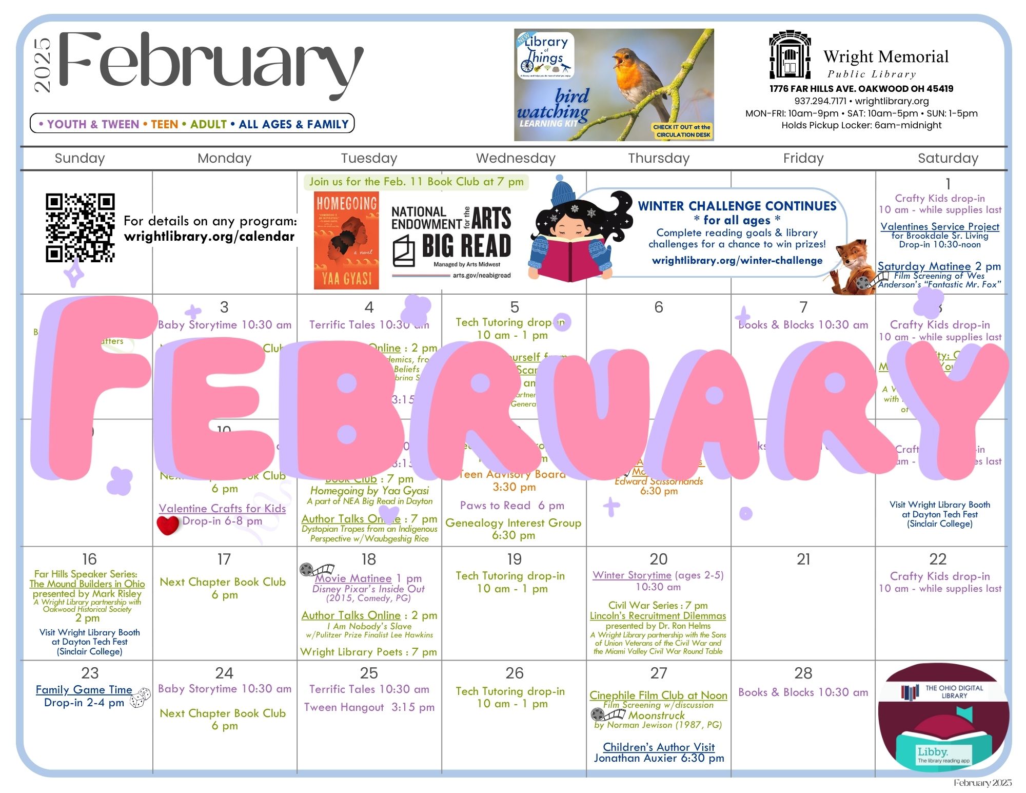 February calendar for Wright Public Library. Click links for more information.