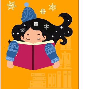 Cartoon girl with mittens reads among whimsical snowflakes