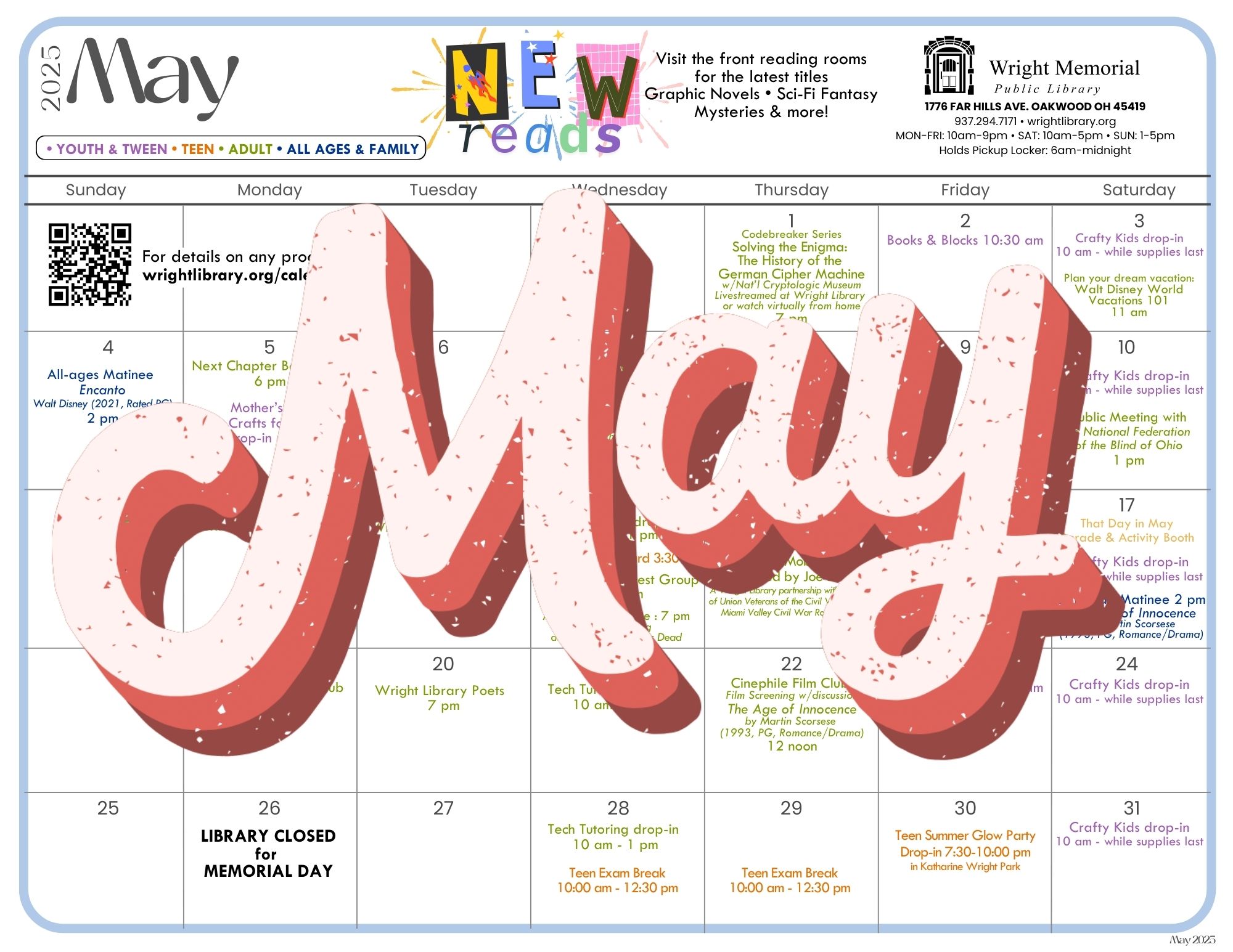 May calendar for Wright Public Library.