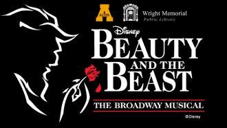 Disney's "Beauty and the Beast" text and beast silhouette. An excerpt of the Broadway Musical will be performed by the Alter High School Castle Players at Wright Library.