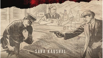 bottom of Kaushal's book cover, an old comic strip depicting a robber shooting a police officer