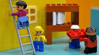 Lego people working on a ladder and construction