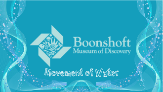 Boonshoft museum of discovery logo text: movement of water blue sea background