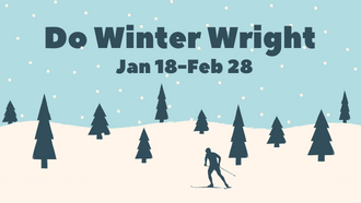 clip art of a skier on a snowy hill with pines. Text:Do winter wright jan 18-feb28 