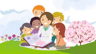 cartoon woman reads to four children in a park setting with flowers and a pink blossoming tree.