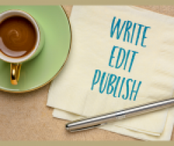coffee cup and napkin with the words write, edit, publish