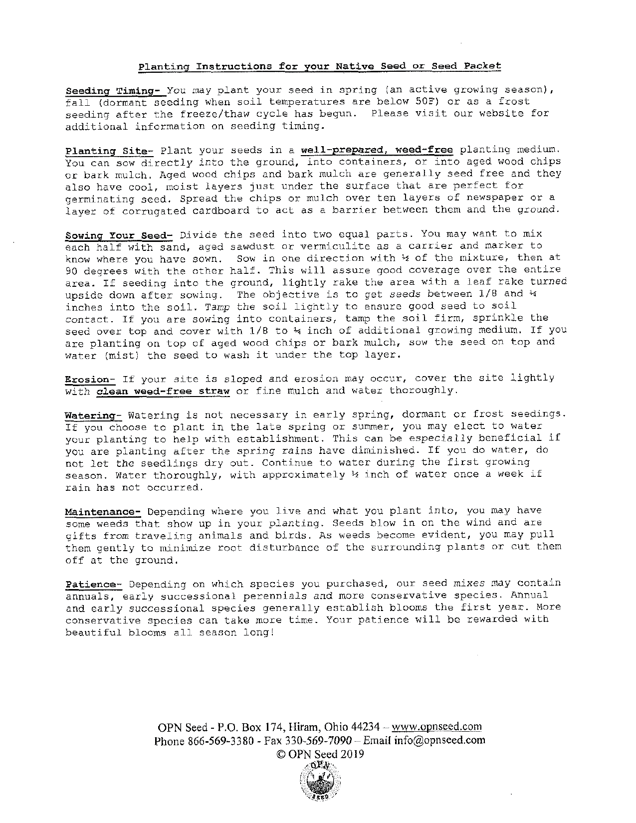 photo of typed planting instructions from OPNseed.com