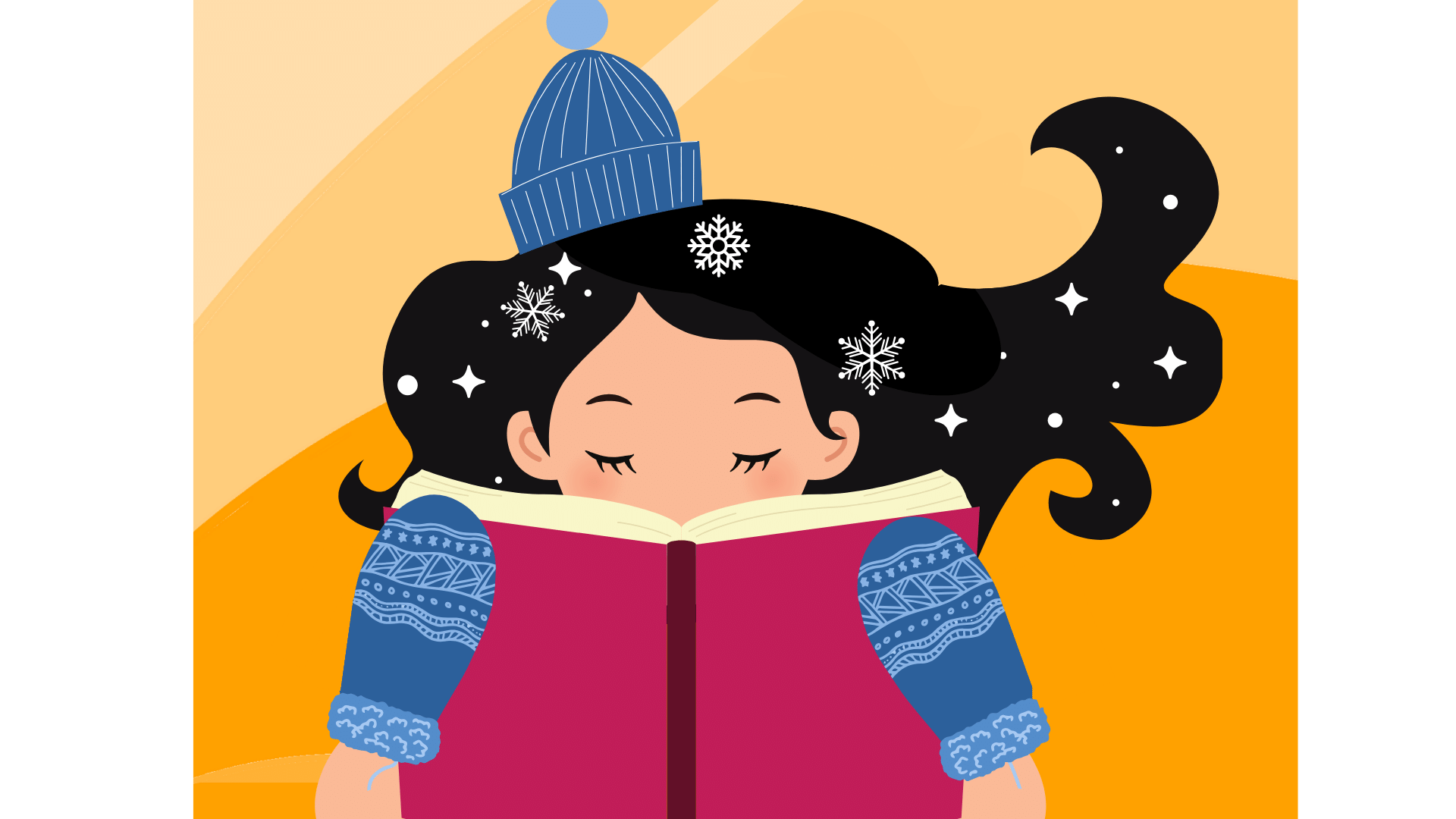 A girl wearing mittens enjoys a book as snowflakes fall