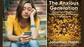 On left, teen girl sits on stairs sadly looking at cell phone. On right, book cover for "The Anxious Generation" by Jonathan Haidt