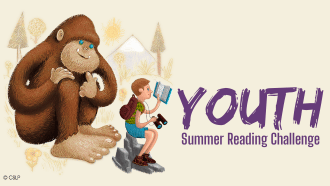 a young camper reads with a cartoon gorilla on a mountain trail, with text "Youth Summer Reading Challenge"