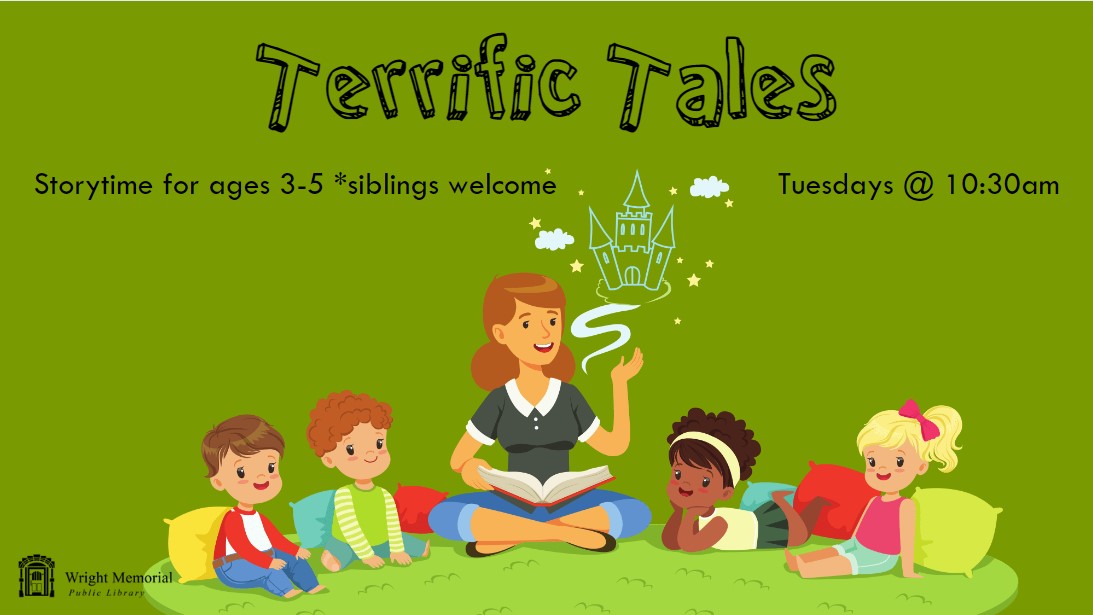 Cartoon librarian reads to children with text: "Terrific Tales, Storytime for ages 3-5, siblings welcome, Tuesdays at 10:30am"