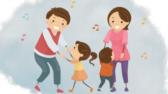cartoon mom, dad, brother, and sister dancing together while music notes fly around them