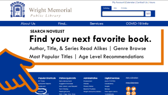 text find your next favorite book with hand pointing to NOveList in webpage footer