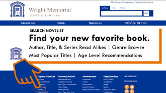find your new favorite book text pointing to novelist on a picture of the website