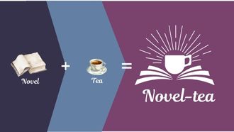 novel + tea = Novelty images of a book a cup of tea and the novel tea logo