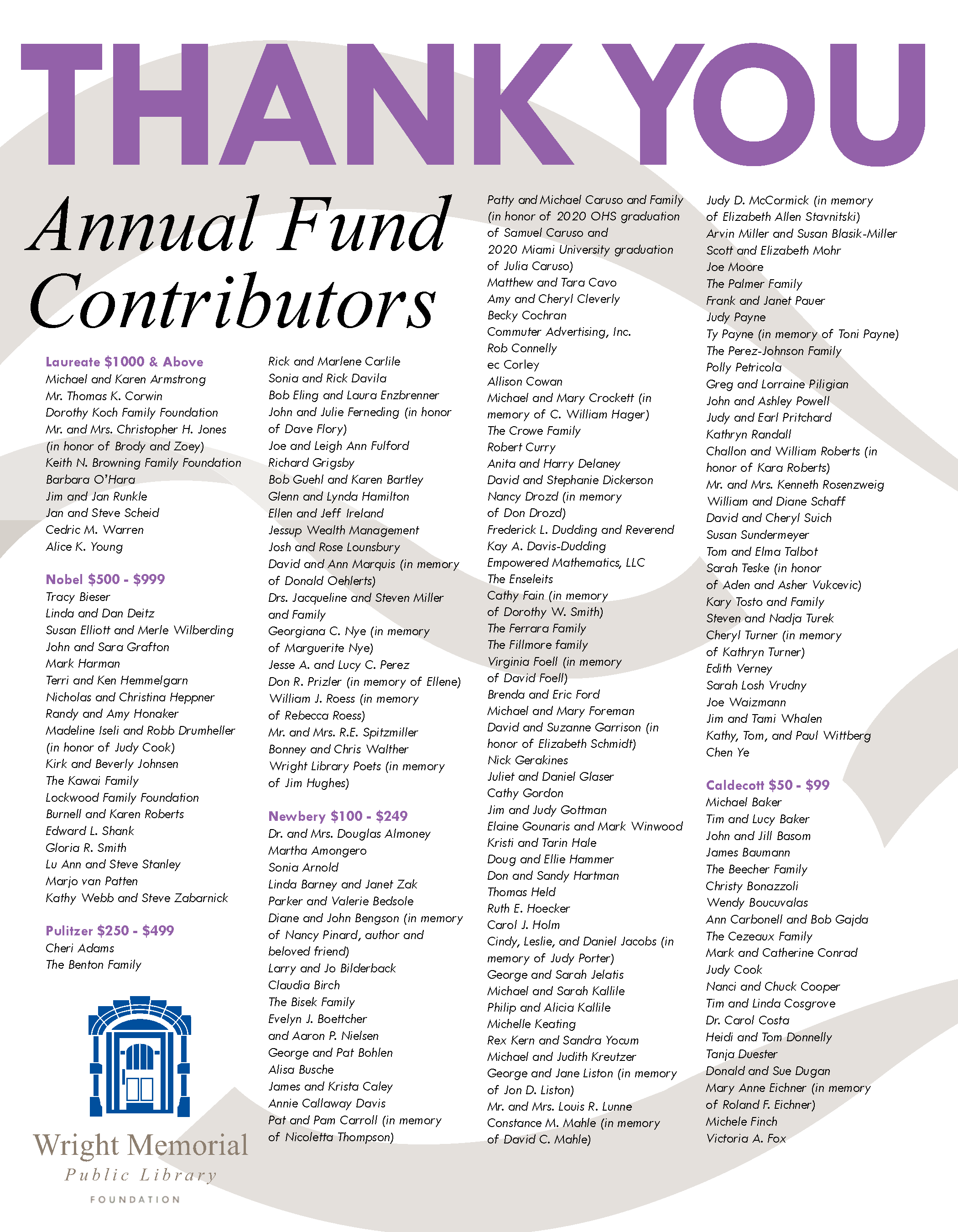 Thank you ad for 2020 annual and capital campaign donors
