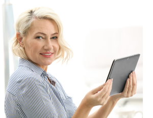 Woman holds tablet with an audio-assisted app installed 