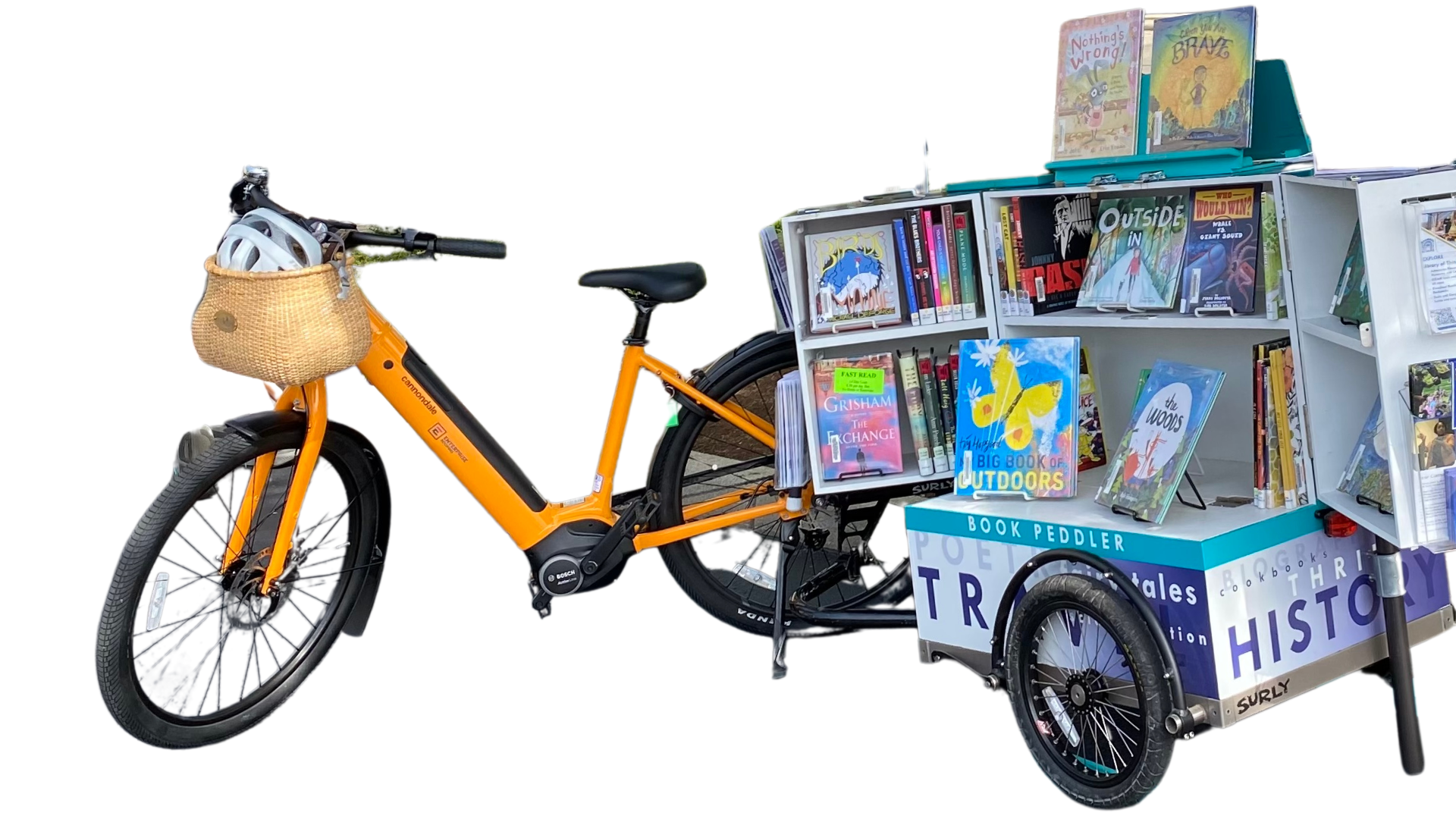 Orange electric bicycle and the "book peddler" wooden box filled with books