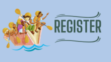 adventurous cartoon adults packed into a canoe, with text "Register"