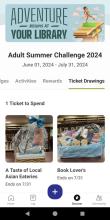 The Ticket Drawings tab in Beanstack's mobile app, showing "you have one ticket to spend" above photos of 2 of the 8 prize baskets